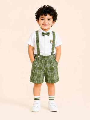 BloomUp White Shirt with Green Plaid Shorts, Bow Tie & Suspenders Set for Toddlers – Party & Occasion Wear