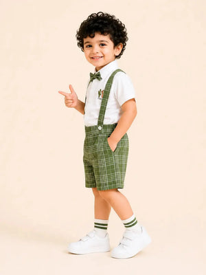 BloomUp White Shirt with Green Plaid Shorts, Bow Tie & Suspenders Set for Toddlers – Party & Occasion Wear