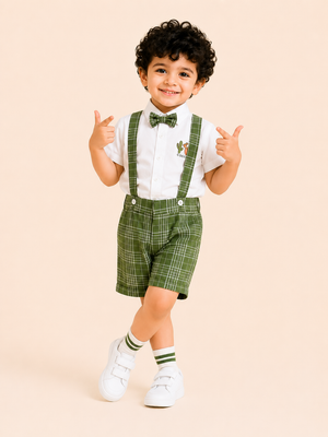 White Shirt with Green Plaid Shorts, Bow Tie & Suspenders Set for Toddlers – Party & Occasion Wear BloomUp