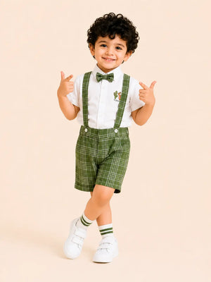 BloomUp White Shirt with Green Plaid Shorts, Bow Tie & Suspenders Set for Toddlers – Party & Occasion Wear