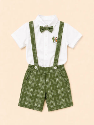 BloomUp White Shirt with Green Plaid Shorts, Bow Tie & Suspenders Set for Toddlers – Party & Occasion Wear