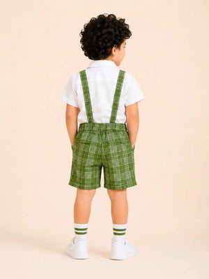 BloomUp White Shirt with Green Plaid Shorts, Bow Tie & Suspenders Set for Toddlers – Party & Occasion Wear