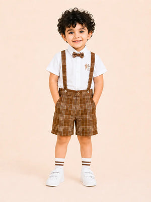 BloomUp White Shirt with Brown Plaid Shorts, Bow Tie & Suspenders Set for Toddlers – Party & Occasion Wear