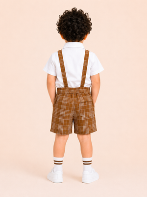 White Shirt with Brown Plaid Shorts, Bow Tie & Suspenders Set for Toddlers – Party & Occasion Wear BloomUp
