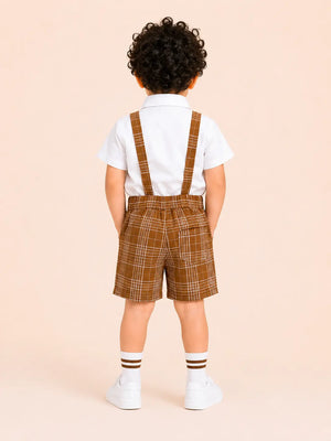 BloomUp White Shirt with Brown Plaid Shorts, Bow Tie & Suspenders Set for Toddlers – Party & Occasion Wear