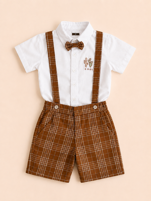 White Shirt with Brown Plaid Shorts, Bow Tie & Suspenders Set for Toddlers – Party & Occasion Wear BloomUp