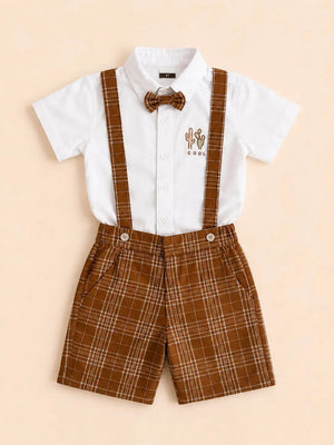BloomUp White Shirt with Brown Plaid Shorts, Bow Tie & Suspenders Set for Toddlers – Party & Occasion Wear