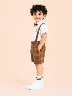 BloomUp White Shirt with Brown Plaid Shorts, Bow Tie & Suspenders Set for Toddlers – Party & Occasion Wear