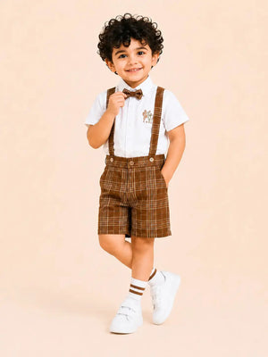 BloomUp White Shirt with Brown Plaid Shorts, Bow Tie & Suspenders Set for Toddlers – Party & Occasion Wear
