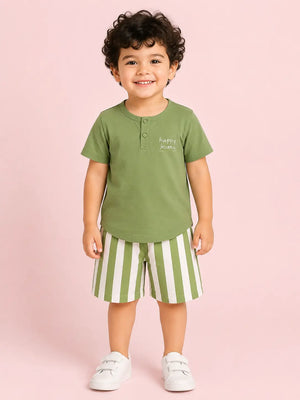 BloomUp Olive Green Boys Co-Ord Set – Soft Cotton Summer Wear for Kids