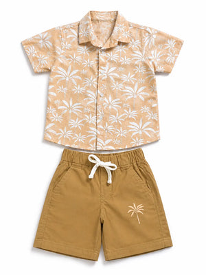 BloomUp Beige Tropical Print Boys 2-Piece Set – Soft Cotton Summer Wear for Kids