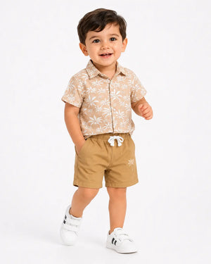 BloomUp Beige Tropical Print Boys 2-Piece Set – Soft Cotton Summer Wear for Kids