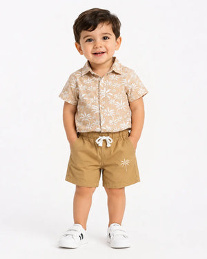 BloomUp Beige Tropical Print Boys 2-Piece Set – Soft Cotton Summer Wear for Kids