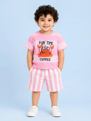 BloomUp Candy Pink Printed Boys Co-Ord Set – Soft Cotton Summer Wear for Toddler