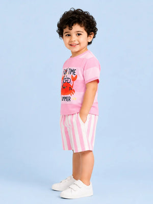 BloomUp Candy Pink Printed Boys Co-Ord Set – Soft Cotton Summer Wear for Kids