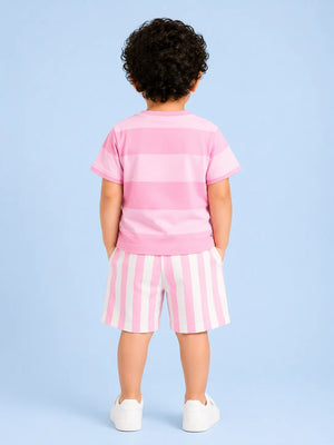 BloomUp Candy Pink Printed Boys Co-Ord Set – Soft Cotton Summer Wear for Kids