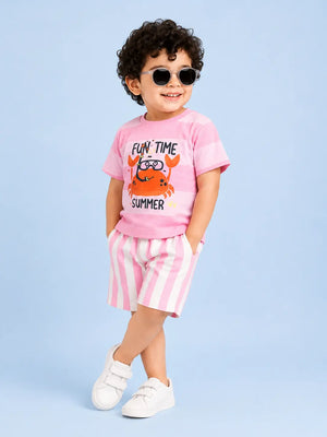 BloomUp Candy Pink Printed Boys Co-Ord Set – Soft Cotton Summer Wear for Kids