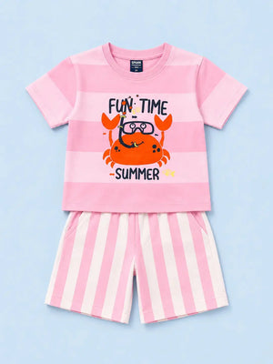 BloomUp Candy Pink Printed Boys Co-Ord Set – Soft Cotton Summer Wear for Toddler
