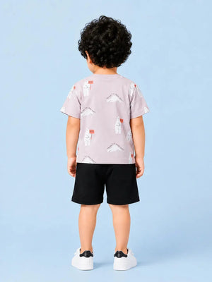 BloomUp Lavender Printed T-Shirt & Black Shorts Set for Boys