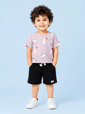 BloomUp Lavender Printed T-Shirt & Black Shorts Set for Boys
