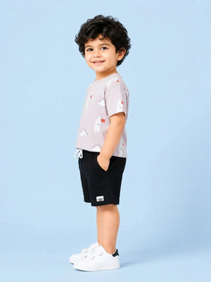 BloomUp Lavender Printed T-Shirt & Black Shorts Set for Boys