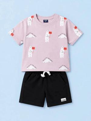 BloomUp Lavender Printed T-Shirt & Black Shorts Set for Boys