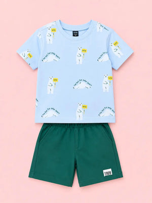 BloomUp Sky Blue Printed T-Shirt & Shorts Set for Boys