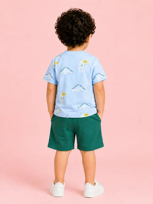 BloomUp Sky Blue Printed T-Shirt & Shorts Set for Boys