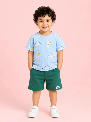 BloomUp Sky Blue Printed T-Shirt & Shorts Set for Boys
