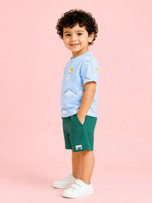 BloomUp Sky Blue Printed T-Shirt & Shorts Set for Boys