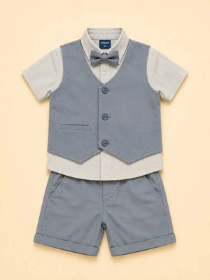 BloomUp Boys 2 Piece Attached Waistcoat Shirt & Shorts Set with Bow Tie | Smart Casual Party Wear Outfit for Toddlers
