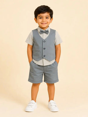 BloomUp Boys 2 Piece Attached Waistcoat Shirt & Shorts Set with Bow Tie | Smart Casual Party Wear Outfit for Toddlers
