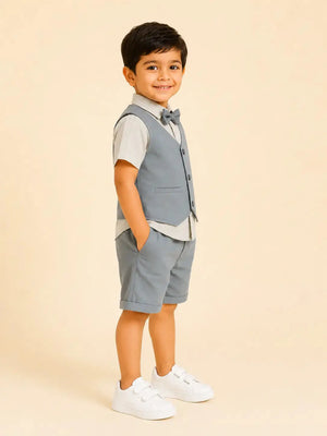 BloomUp Boys 2 Piece Attached Waistcoat Shirt & Shorts Set with Bow Tie | Smart Casual Party Wear Outfit for Toddlers