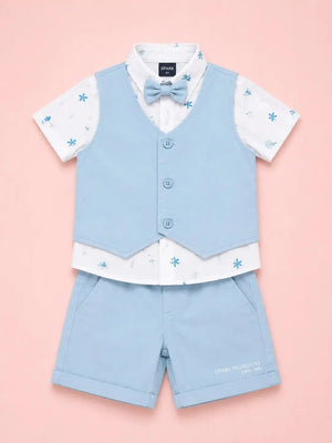 BloomUp Boys 2 Piece Attached Waistcoat Printed Shirt & Shorts Set with Bow Tie | Smart Party Wear Outfit for Toddlers