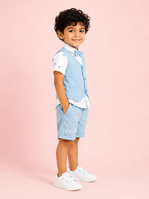 BloomUp Sky Blue 4-Piece Party Wear Set for Boys – Waistcoat, Printed Shirt, Bow Tie & Shorts Outfit
