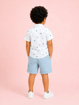 BloomUp Boys 2 Piece Attached Waistcoat Printed Shirt & Shorts Set with Bow Tie | Smart Party Wear Outfit for Toddlers