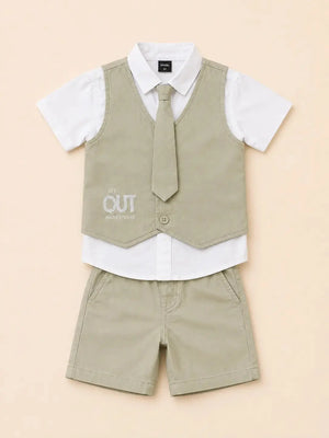 BloomUp Boys 2 Piece Attached Waistcoat T-Shirt & Shorts Set with Tie | Smart Casual Party Wear Outfit for Toddlers