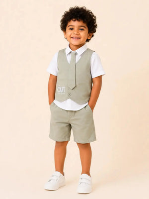 BloomUp Boys 2 Piece Attached Waistcoat T-Shirt & Shorts Set with Tie | Smart Casual Party Wear Outfit for Toddlers