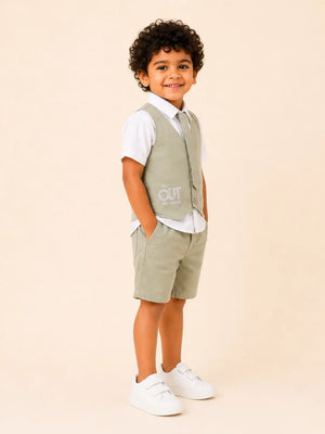 BloomUp Light Fawn 4-Piece Party Wear Set for Boys – Waistcoat, Shirt, Tie & Shorts Outfit
