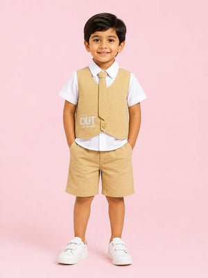 BloomUp Mustard Yellow 4-Piece Party Wear Set for Boys – Waistcoat, Shirt, Tie & Shorts Outfit