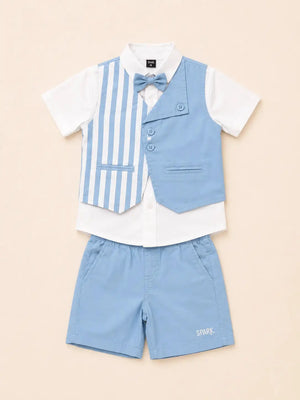 BloomUp Boys 2 Piece Attached Waistcoat T-Shirt & Shorts Set | Blue Striped Smart Party Wear Outfit for Toddlers