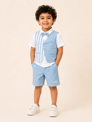 BloomUp Sky Blue Striped 4-Piece Party Wear Set for Boys – Waistcoat, Shirt, Bow Tie & Shorts Outfit