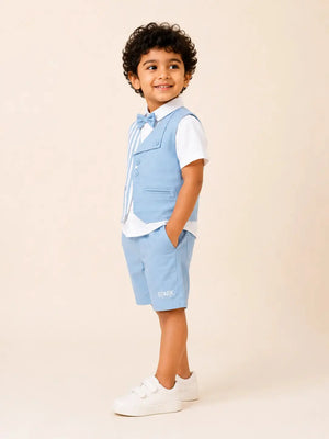 BloomUp Boys 2 Piece Attached Waistcoat T-Shirt & Shorts Set | Blue Striped Smart Party Wear Outfit for Toddlers