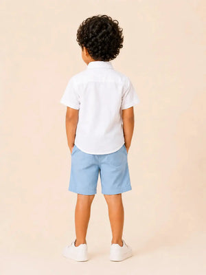 BloomUp Boys 2 Piece Attached Waistcoat T-Shirt & Shorts Set | Blue Striped Smart Party Wear Outfit for Toddlers