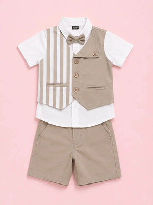 BloomUp Boys 2 Piece Attached Waistcoat T-Shirt & Shorts Set | Striped Smart Party Wear Outfit for Toddlers