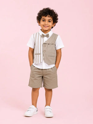 BloomUp Beige Striped 4-Piece Party Wear Set for Boys – Waistcoat, Shirt, Bow Tie & Shorts Outfit