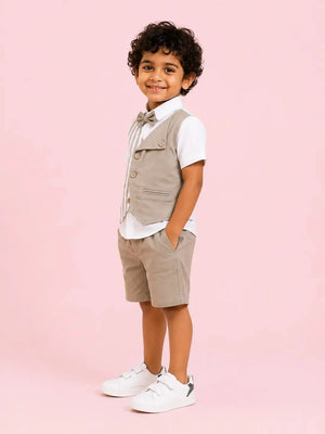 BloomUp Boys 2 Piece Attached Waistcoat T-Shirt & Shorts Set | Striped Smart Party Wear Outfit for Toddlers