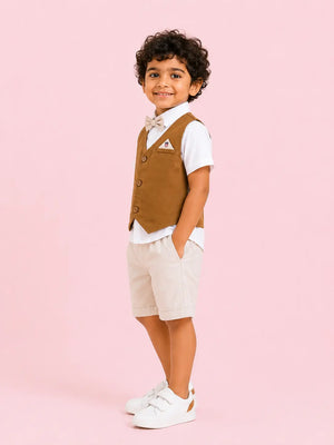 BloomUp Camel Brown & Beige 4-Piece Party Wear Set for Boys – Waistcoat, Shirt, Bow Tie & Shorts Outfit