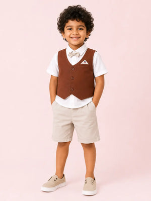 BloomUp Maroon & Beige 4-Piece Party Wear Set for Boys – Waistcoat, Shirt, Bow Tie & Shorts Outfit