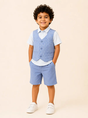 BloomUp Sky Blue 3-Piece Party Wear Set for Boys – Waistcoat, Shirt & Shorts Outfit